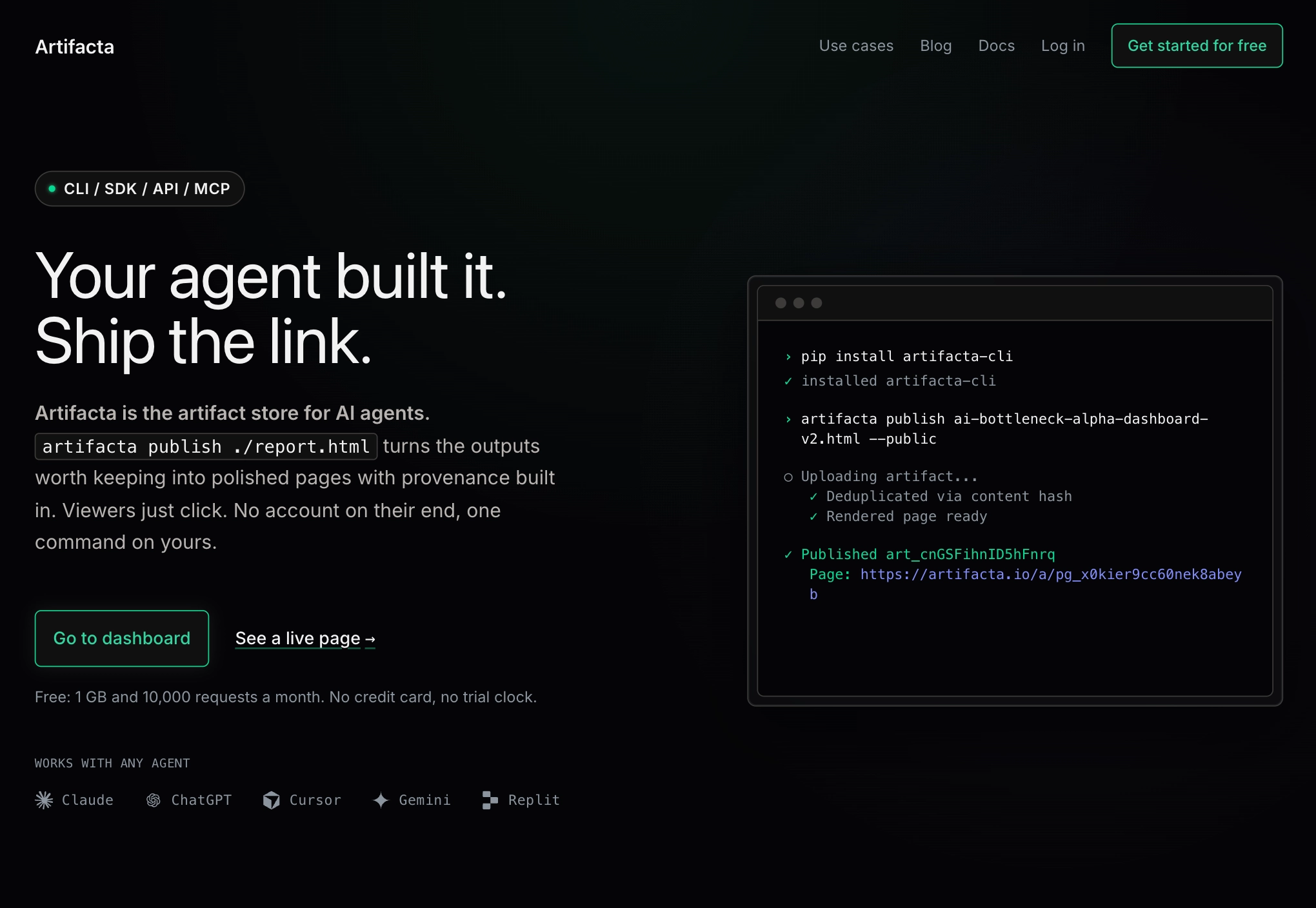 Artifacta homepage — a published artifact page with provenance details